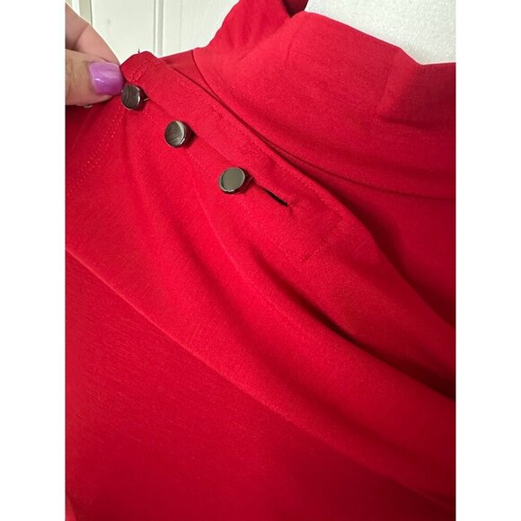 Mock Neck Red Long Sleeve Top With Button Accent On Shoulder Petite Medium Sleek - Picture 7 of 11